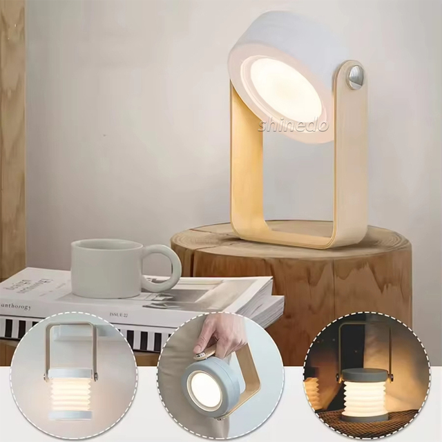 Wooden Handle Telescopic Folding Led Touch Lamp Charging Night Light Portable Lantern Lamp Collapsable Camping Table Lamp