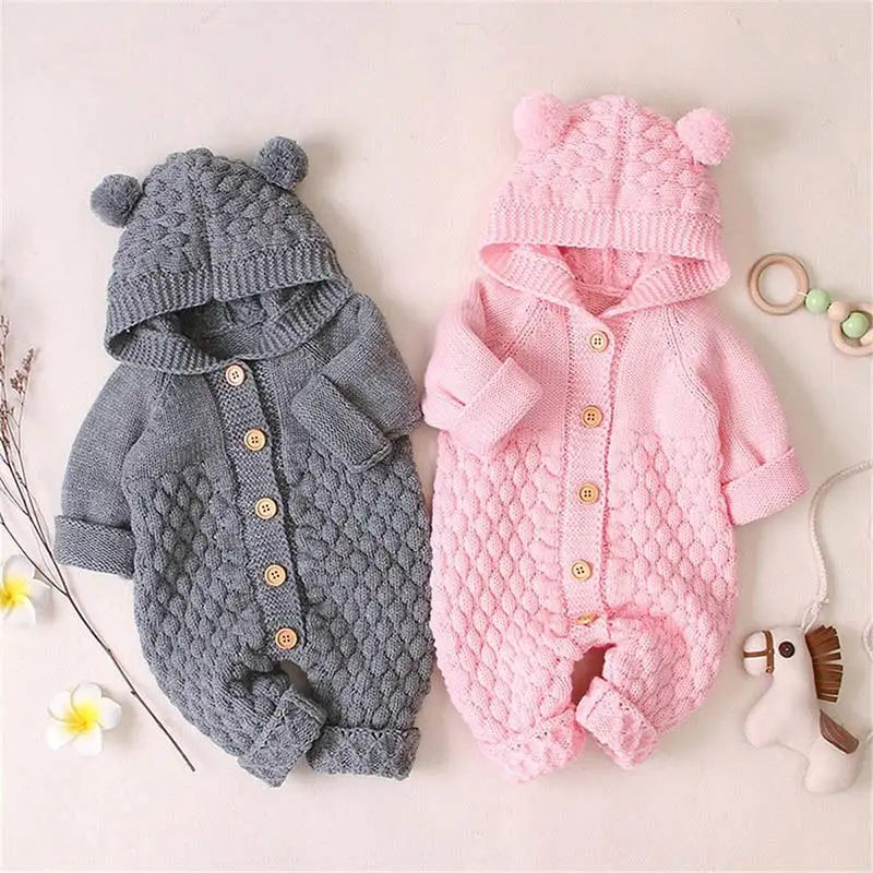 Ropa de invierno de algodón orgánico con logotipo personalizado para recién nacido, peleles lisos de manga larga para bebé, monos para recién nacidos, suéter