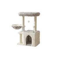 Arbre à chat en flanelle rayée douce avec grotte, nid cachette, panier balançoire latéral, 2 poteaux en sisal, mobilier d'intérieur pour chatons (repos et jeu)