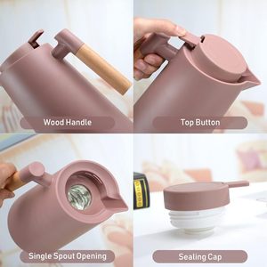 Carafe isotherme portable en plastique de 1,0 L, style arabe, avec intérieur en verre et poignée en bois, pour café et thé - Product Image 2