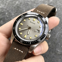 Montre de plongée vintage Sixty-Five, cadran gris, lunette en céramique noire, étanche 100 m, bracelet en cuir marron, montre-bracelet rétro pour homme