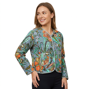Floral Digital Printed Knitted Breathable <b>Winter</b> <b>Quilted</b> Jacket Button Vintage Decorations 100% Cotton Short Daily Party Wear - Product Image 1