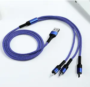 Kabel pengisi daya USB C, kawat pengisi daya Usb 3 in 1 kepang nilon 1.2m untuk Tipe C