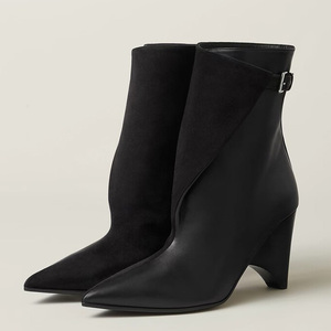 Bottines à bout pointu en daim et cuir patchwork pour femme, avec boucles métalliques, talon original, sexy, respirantes, en coton pour l'automne - Product Image 6