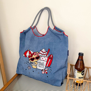 Nueva Bolsa de Compras Portátil de Gran Capacidad en Mezclilla Azul con Cadena Japonesa, Forro de Poliéster, Bordado y Porta Tarjetas de Identificación para Mujer - Product Image 1