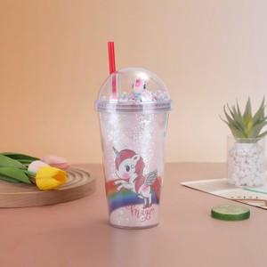 แก้วน้ำพลาสติกสองชั้นลายยูนิคอร์นขนาด 450 มล. พร้อมฝาโดมตกแต่งพู่ห้อย แก้วน้ำยูนิคอร์นมหัศจรรย์แบบใช้ซ้ำได้ - Product Image 3