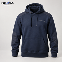 Hoodie robuste personnalisé en gros, bleu marine, avec patchs aux coudes, écusson aux épaules, motif graphique lettré, en coton, style workwear décontracté, fabricant