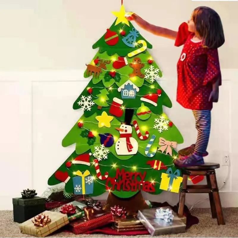 Wall hanging xmas decoration gifts diy felt christmas wall tree with ornament kid diy felt christmas tree with led string lights