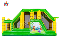 Parcours d'obstacles gonflable commercial sur le thème de la jungle avec mur d'escalade, toboggan et défis interactifs pour événements et divertissements