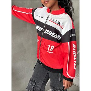Blouson bomber personnalisé pour filles, à fermeture éclair, manches longues, color-block, coupe-vent, style moto, streetwear - Product Image 1