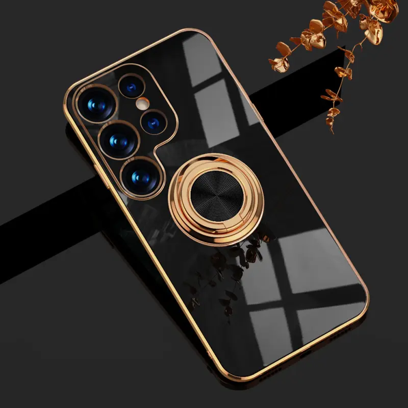 New Product 2023 Kickstand Golden Ring Holder Shockproof Black Soft Luxury Phone Cases Cover for Samsung Galaxy S23 Ultra