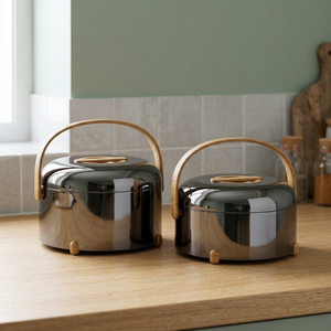 Casserole ronde minimaliste en acier inoxydable avec poignée en bois, récipient isotherme pour aliments - Product Image 5