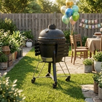Barbecue Royal Kamado 22 pouces en céramique noire brillante, moderne, pour cuisine extérieure, avec fonction fumoir et chariot, modèle MK22Basic