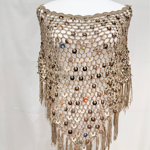 Poncho de plage pour femme en crochet à sequins kaki, style bohème, en maille transparente ajourée avec franges et pompons - Product Image 2