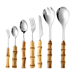 Juego de Cubiertos de Acero Inoxidable con Mango de Bambú Natural, 10 Piezas, Cuchillo para Carne, Tenedor, Cuchara, Utensilios para Postre y Ensalada - Product Image 5