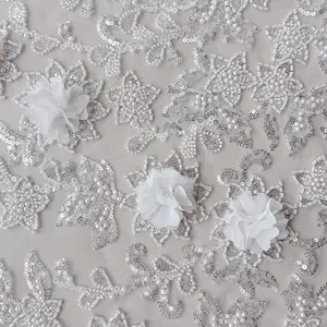 Perle de fleur de perle blanche personnalisée 3d tissu de broderie de maille de sequin pour les robes de mariée