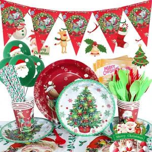 Kits de fournitures d'équipement de fête jetables décoration de noël imprimé père noël assiettes de 7 et 9 pouces besoin de dîner familial