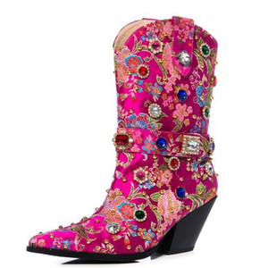 Women Colorful Diamonds Mid Calf Booties Pointy Toe High Wedge Heels Short Boots Slip-On Autumn <b>Shoes</b> - Product Image 6