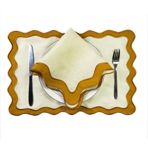 Natural Flax Custom Design Organic Fabric Double Scalloped Embroidered Edge <b>Table</b> <b>Cloth</b> <b>Linen</b> Napkin Placemat for Hotel - Product Image 4