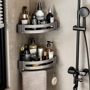 Salle <span class=keywords><strong>de</strong></span> bain Aluminium Adhésif Noir Suspendu Rangement Coin Douche Étagère Douche Caddy Étagère avec 2 Crochets - Product Image 3
