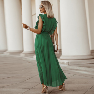 2025 elegante vestido <span class=keywords><strong>de</strong></span> verano Europeo Americano para <span class=keywords><strong>mujer</strong></span> sin mangas <span class=keywords><strong>de</strong></span> gasa con cuello en V borde con volantes Color sólido hasta el suelo lavable - Product Image 3