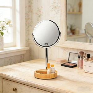 Miroir de courtoisie <span class=keywords><strong>double</strong></span> face en métal avec grossissement 5X, base de rangement en bambou, miroir de table, Espejos De Madera, Spiegel - Product Image 1