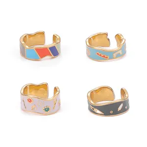 Sweet Cute Colorful Enamel Rings Set Colored Band Ring Handmade Unique Open Oil Dripping Ring For Women