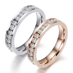 Diamond Set <b>Couple</b> <b>Rings</b> 4MM Round Brilliant Cut Stainless Steel Wedding Bands Unisex Rose Gold Gunmetal Steel - Product Image 1