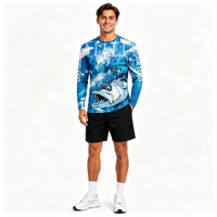 T-shirt à manches longues pour homme en polyester à sublimation personnalisée, motif marlin bleu, col rond, impression intégrale, pour la pêche et les sports nautiques