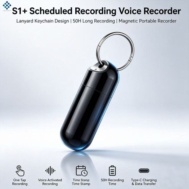 S1+ Mini Voice Recorder with Type-C WAV/MP3 Support 50H Recording Time Lanyard Hole Design for Meetings & Interviews
