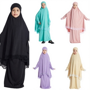 Traditional Muslim Prayer Dress Kids 2-Piece Khimar for <b>Abaya</b> Set Handmade Polyester Lightweight High Quality Modest Lace - Product Image 4