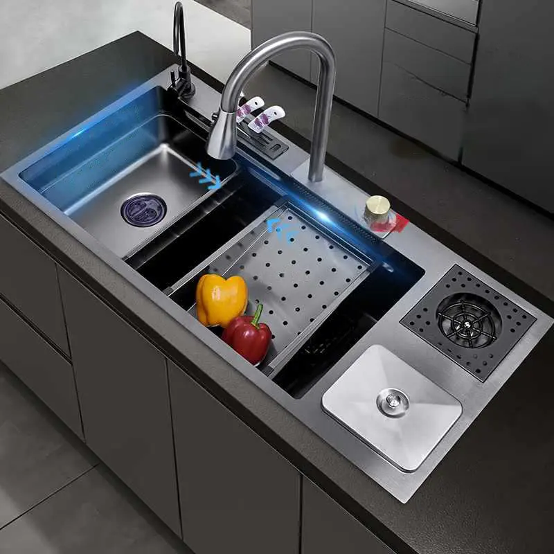 Nano multifunctional waterfall kitchen sink basin 304 stainless steel sink with trash can