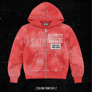 कस्टम परिधान निर्माता 100% कपास कट और कढ़ाई हॉट-फिक्स राइनस्टोन ग्राफिक प्रिंट स्क्वायर-ज़िप हुड स्वेटशर्ट - Product Image 3