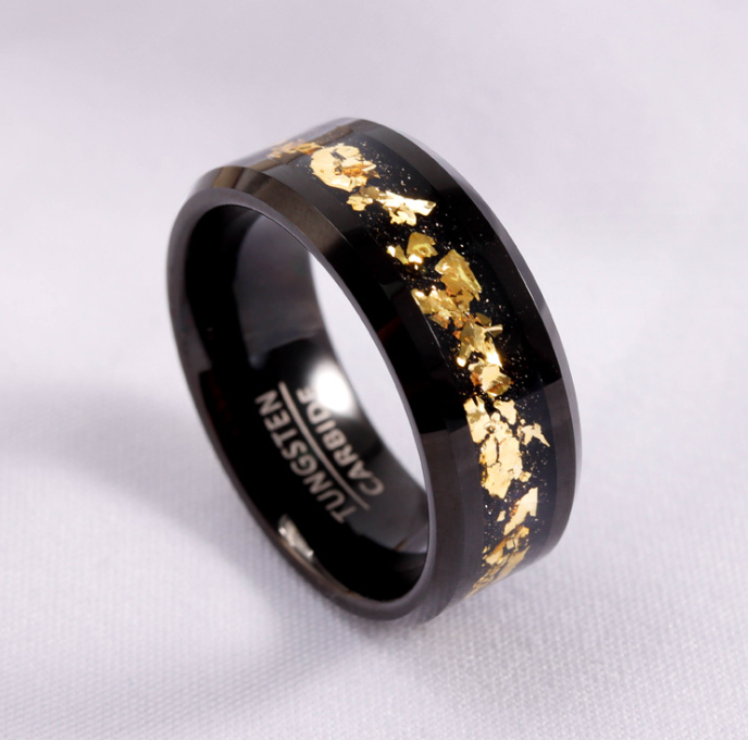 Cincin meteor asli pria wanita, cincin Tungsten hitam bertatahkan Foil emas, Chip meteor asli 8mm untuk pria wanita, cincin pernikahan pertunangan, mode