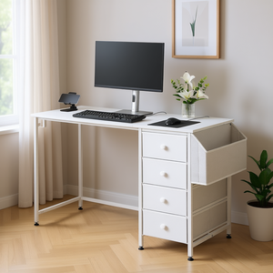 Scrivania Moderna per Computer da 47 Pollici Reversibile Bianca con Cassetti in Tessuto, Struttura in Metallo Semplice, per Studio, Lavoro e Scrittura, Modello Carino di Arredamento PC - Product Image 2