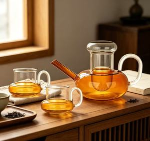 Service à thé moderne en verre ambré, comprenant une théière et des tasses, pichet en verre résistant à <span class=keywords><strong>la</strong></span> chaleur, carafe à eau en verre faite à <span class=keywords><strong>la</strong></span> main pour le thé en famille, idéal comme cadeau - Product Image 4