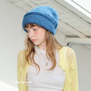 Korean Style Handmade Knitted Wool <b>Beret</b> For Women Winter Warm Windproof Fleece Hat Morning Glory Blue - Product Image 3