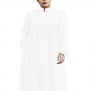 Women White Solid Color <b>Abaya</b> Long Sleeve Stand Collar Floor Length Modest Dress Lightweight Cotton Middle East <b>Prayer</b> Wear - Product Image 1
