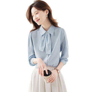 Blue Satin Shirt Women Long Sleeve Solid Color Office Wear Polyester Fabric Q9960 - Product Image 5