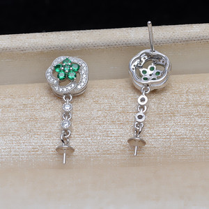 Boucles d'oreilles en argent S925 avec diamants, chaîne simple, boucles d'oreilles en perles pour femmes, support personnalisé en jade, accessoires de bijoux DIY semi-finis - Product Image 4