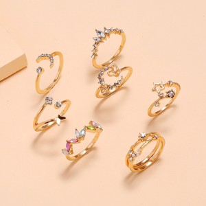 Fashion <b>Rings</b> <b>Set</b> 7pcs <b>Gold</b> Tone Cubic Zirconia Butterfly Star Moon Design Women's Jewelry Gift Occasion Accessory - Product Image 1