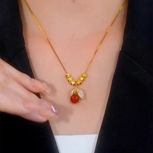 Titanium Steel Red Agate Lucky Bead Necklace For Women Fruit Shape Leaf Pendant Clavicle Chain Gift Fashion Jewelry - Product Image 3