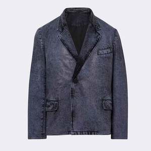 Giacca <span class=keywords><strong>Blazer</strong></span> da <span class=keywords><strong>Uomo</strong></span> in Denim Nera Personalizzata, Vestibilità <span class=keywords><strong>Oversize</strong></span>, Effetto Consumato, Foderata, Scollo a V, Chiusura Monopetto, Stile Streetwear, Antivento - Product Image 1