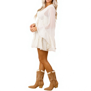 Nuevo Vestido Corto Informal Bohemio para Mujer, Ligero, de Gasa, con Cuello en V, Manga Larga con Volantes y Dobladillo con Volantes - Product Image 3