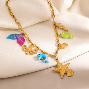 สร้อยคอสแตนเลสสตีลธีมมหาสมุทร จี้สีทอง 18K ประดับด้วยปลาดาวและเปลือกหอย สำหรับผู้หญิง ของขวัญเครื่องประดับ - Product Image 4