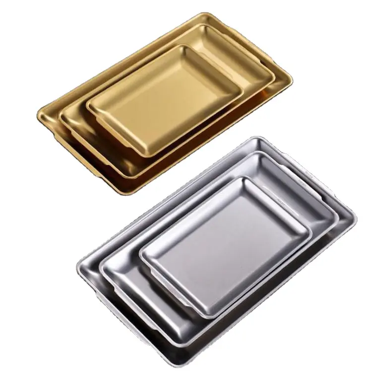 Plato de cena de acero inoxidable 304 dorado y plateado cuadrado coreano con logotipo personalizado, bandeja rectangular para platos de barbacoa Coreanos