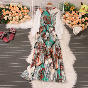 Robes décontractées Robes imprimées plissées élégantes à manches longues pour filles Robe de plage amincissante pour femmes - Product Image 4