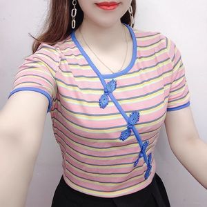 Traditional Chinese Striped Top Women Short Sleeve Blue Pink Acrylic Fiber Side Button T-Shirt Summer Fashion - Product Image 2