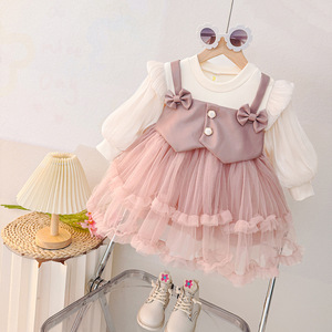 Abito da Principessa per Bambina Primavera-<span class=keywords><strong>Autunno</strong></span> 2025, Stile Coreano con Maniche Lunghe in Rete e Fiocco per Compleanno - Product Image 2