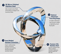 Sculpture en acier inoxydable poli miroir à trois anneaux entrelacés, statue métallique abstraite en forme de boucle pour fontaine, élément de jardin de luxe